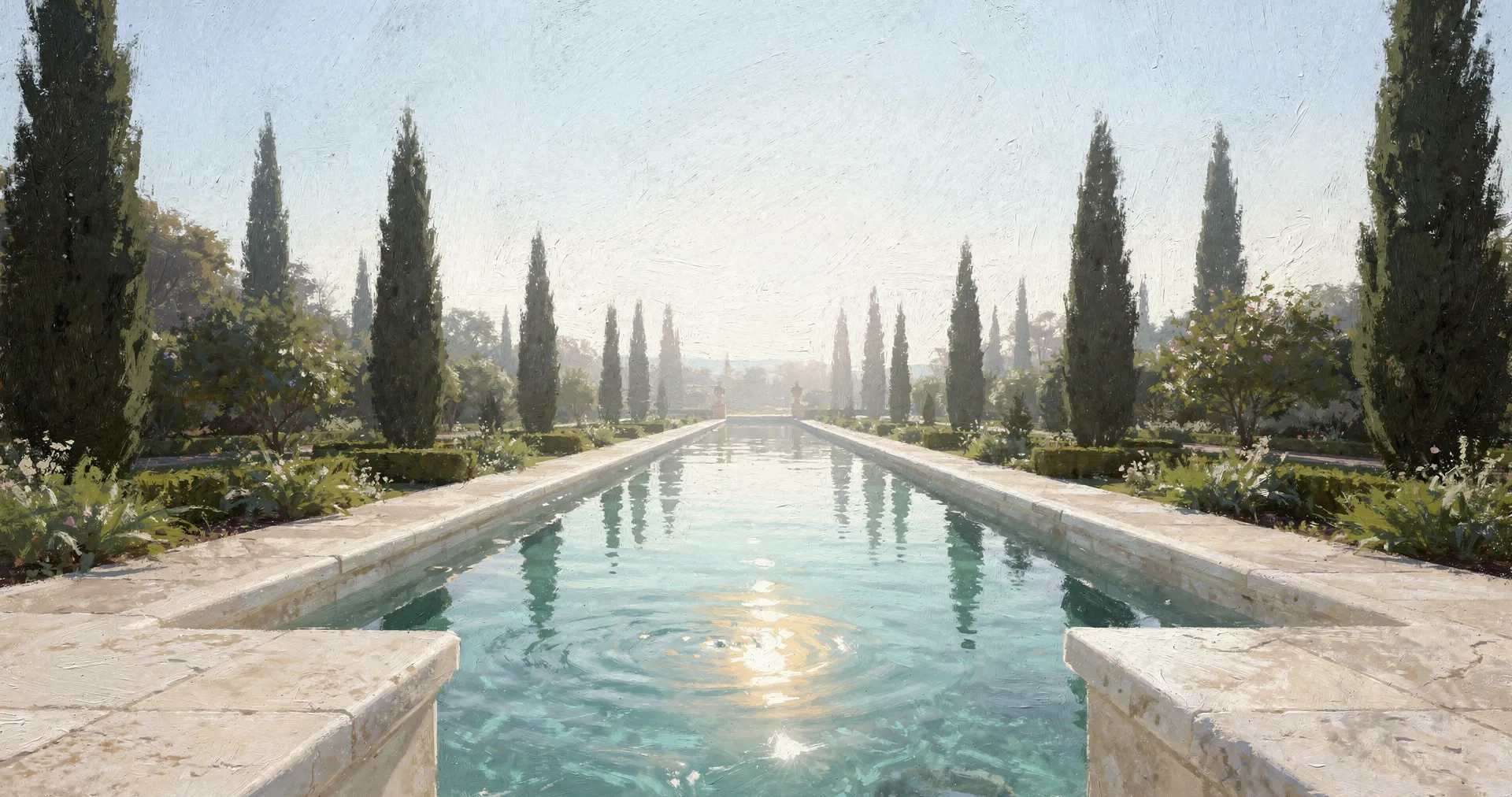 A carved limestone watercourse of clear water running toward a bright horizon