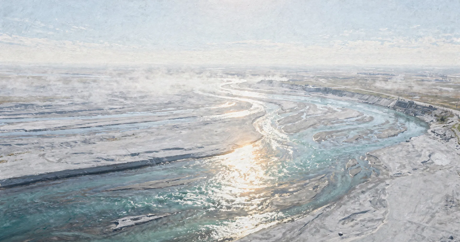 Several clear turquoise waterways converging from above into one wider channel