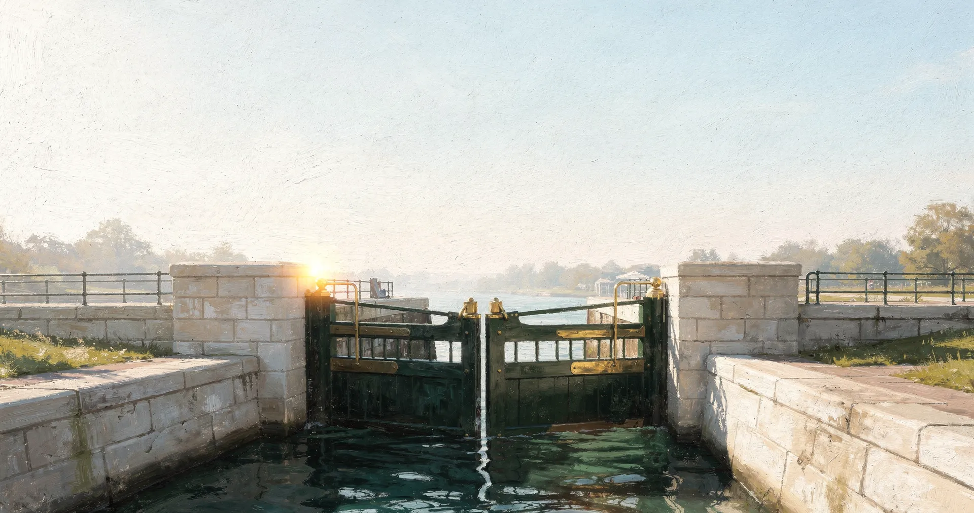 A historic stone canal lock at sunrise, clear water slipping through the opening