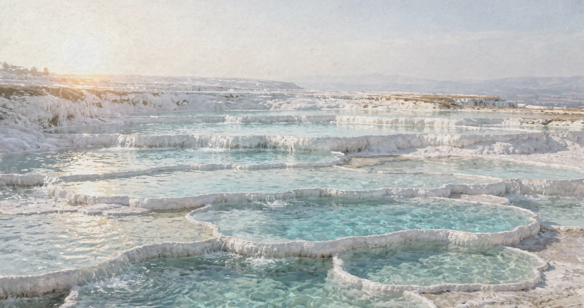 White travertine terraces holding pools of turquoise water, each spilling to the next